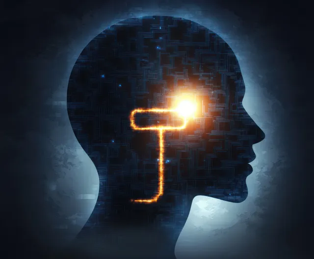 Side-profile head silhouette with a glowing key illuminating bright light within a circuit-lined background.