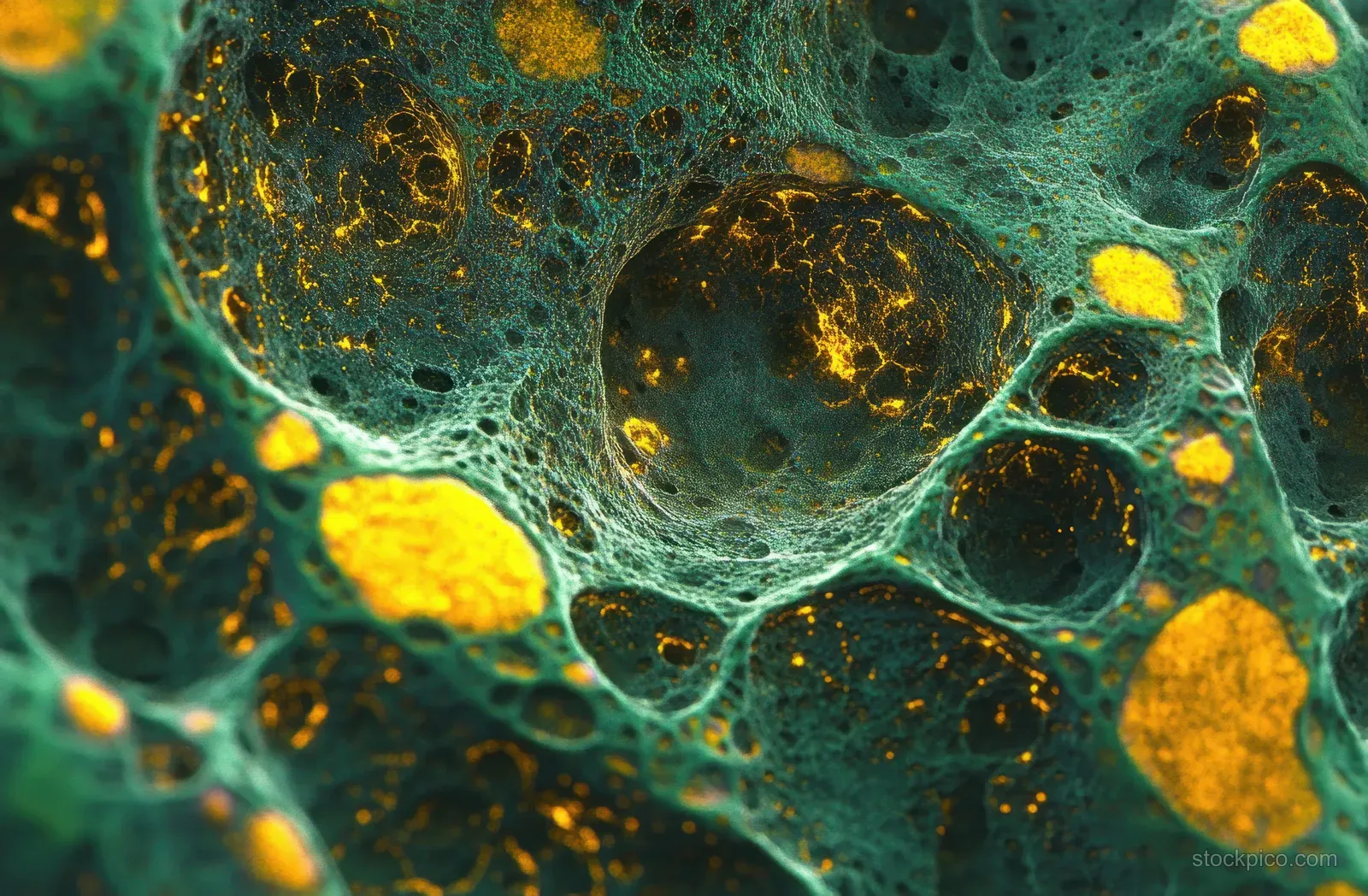 Microscopic porous network of dark teal strands with glowing yellow cavities and bubbles across a textured surface.