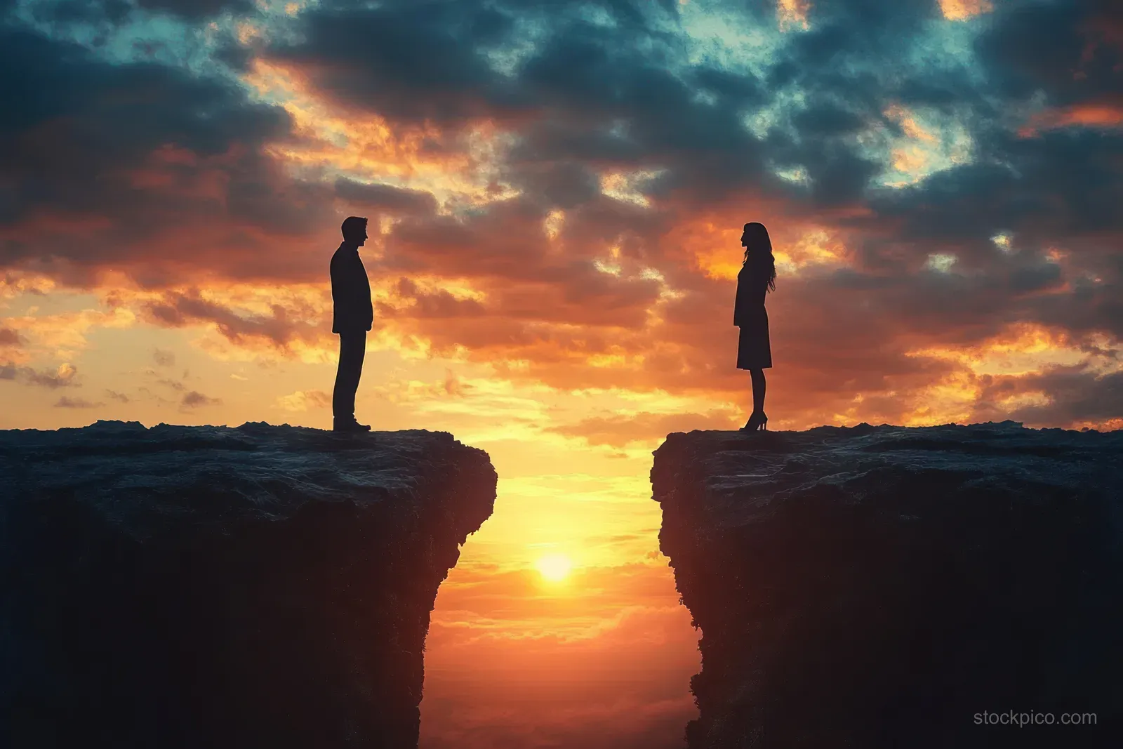 Silhouetted man and woman stand on opposite cliff edges facing each other with a glowing sunset sky.