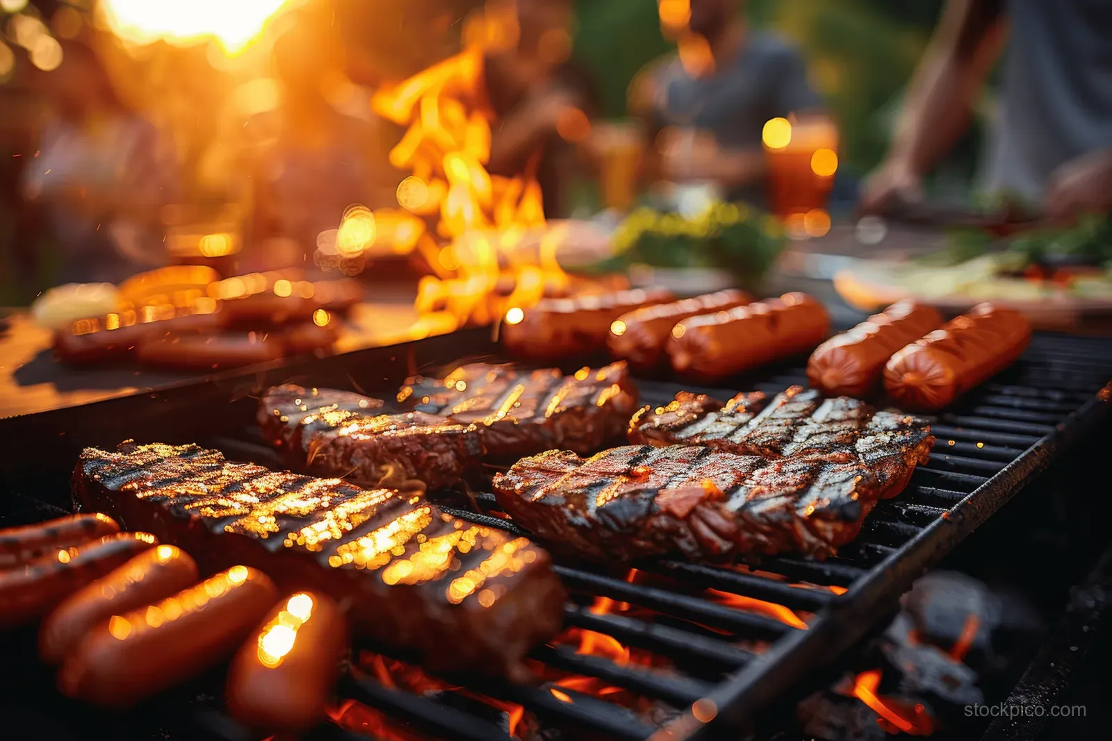 Sausages and steaks sizzle on a backyard grill with people blurred in the background at sunset.
