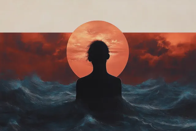 Silhouette of lone figure on stormy ocean facing a blazing orange sun disk