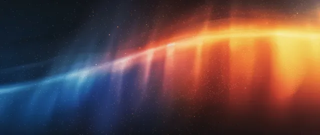 Dark grainy poster background with glowing rainbow light streaks across an abstract gradient wave.