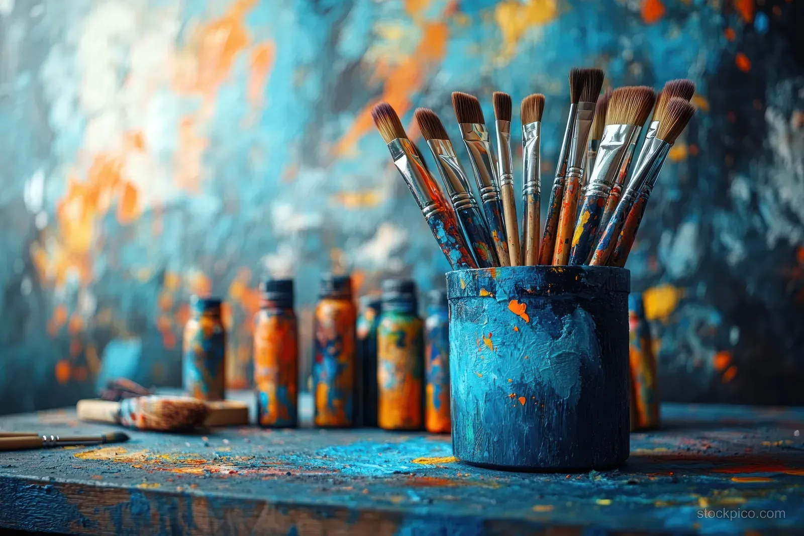 Paintbrushes in a blue jar sit beside colorful acrylic paint bottles against a splattered canvas background.