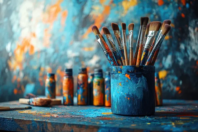 Paintbrushes in a blue jar sit beside colorful acrylic paint bottles against a splattered canvas background.