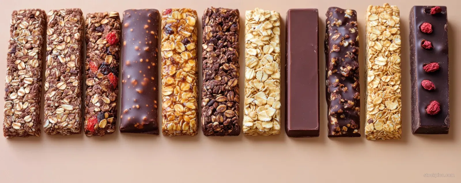 Assorted protein and energy bars arranged in a row on a pastel beige background.