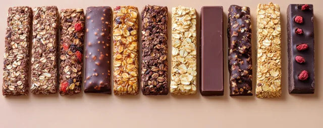 Assorted protein and energy bars arranged on pastel beige background