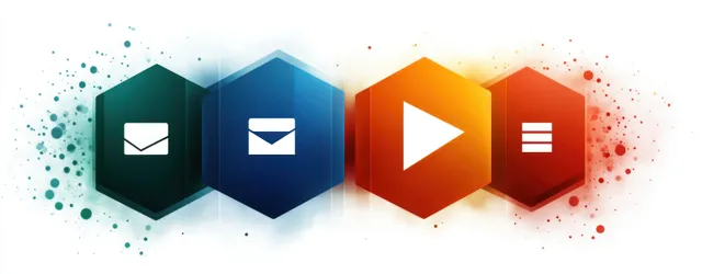 Hexagonal buttons with envelope, play, and menu icons sit among colorful paint splatter on a white background.