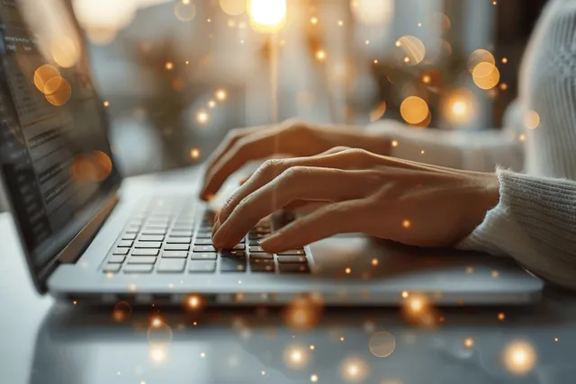 Female Hands Typing on Laptop in Office with Warm Bokeh Lights with Online Work