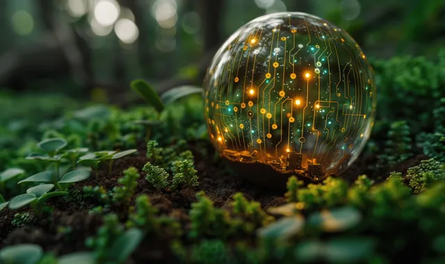 AI globe projecting circuit lights over lush greenhouse plants for smart farming