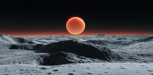 Alien lunar landscape with cratered ridges under a glowing red sun at horizon
