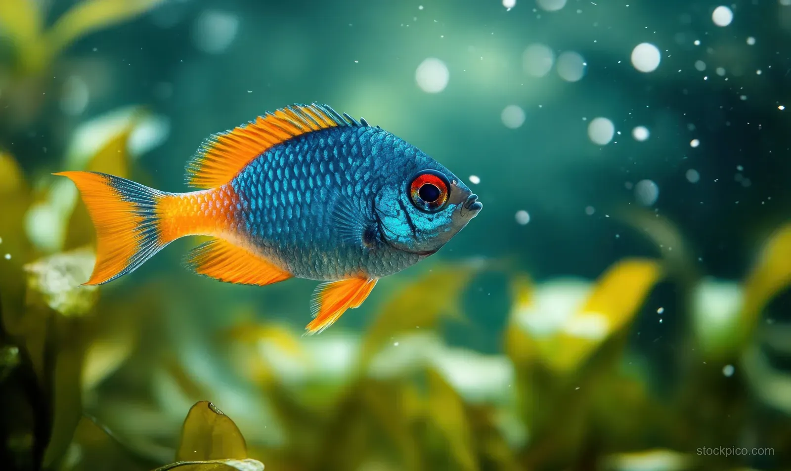 A small blue and orange fish swims underwater among green aquatic plants with bubbles floating around its scaly body.