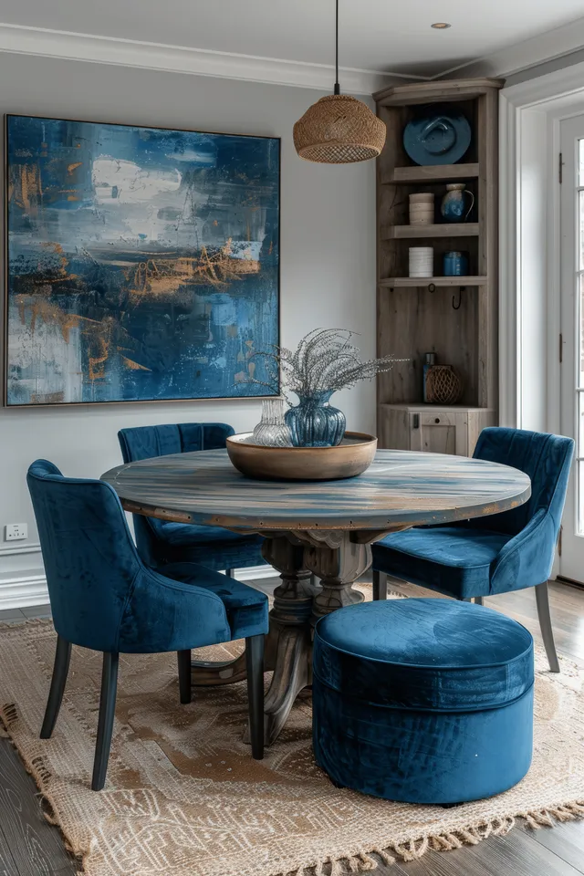 Blue dining chairs and table sit on a beige rug beside an abstract painting and a wooden shelf.