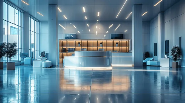 Empty modern hospital reception area with blue desk, large windows, and soft daylight