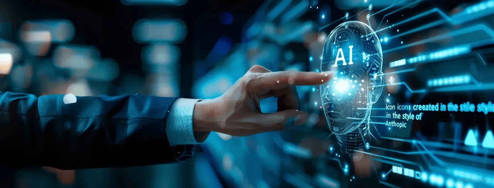 A hand reaches toward a glowing AI hologram surrounded by floating network data elements.