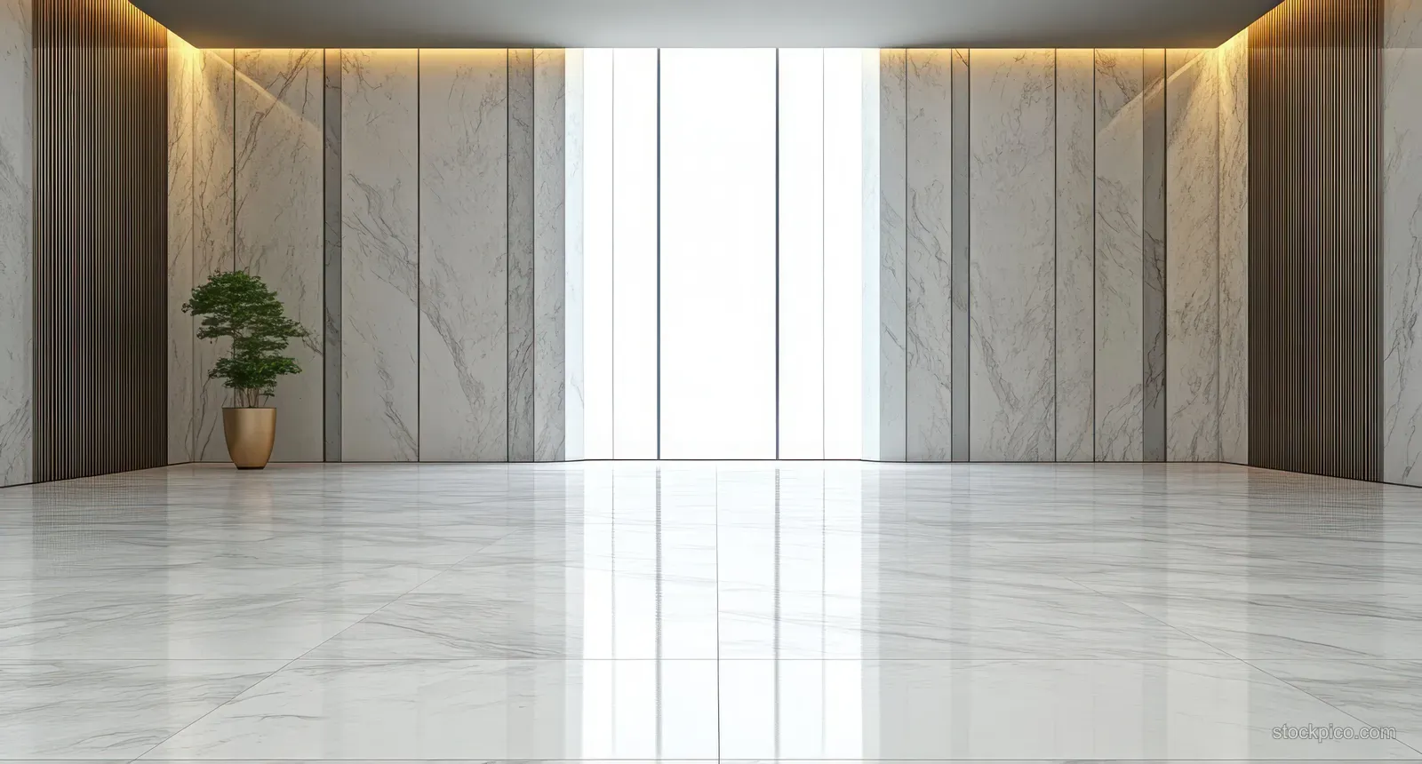 A minimalist interior showcases a polished marble floor and brushed steel walls illuminated by natural light from a large window.