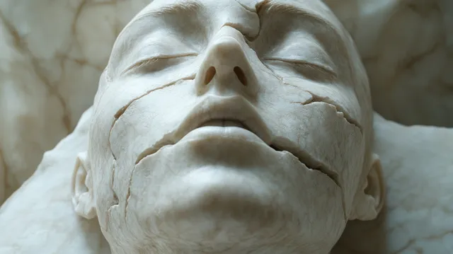 Hyperreal marble face sculpture with visible cracks and weathering under soft gallery lighting.