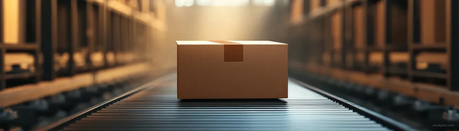 A single taped cardboard box sits on a warehouse conveyor belt with shelves on both sides under warm light.