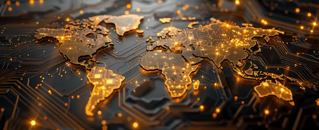Golden world map glows over an illuminated circuit board with network light trails connecting regions.