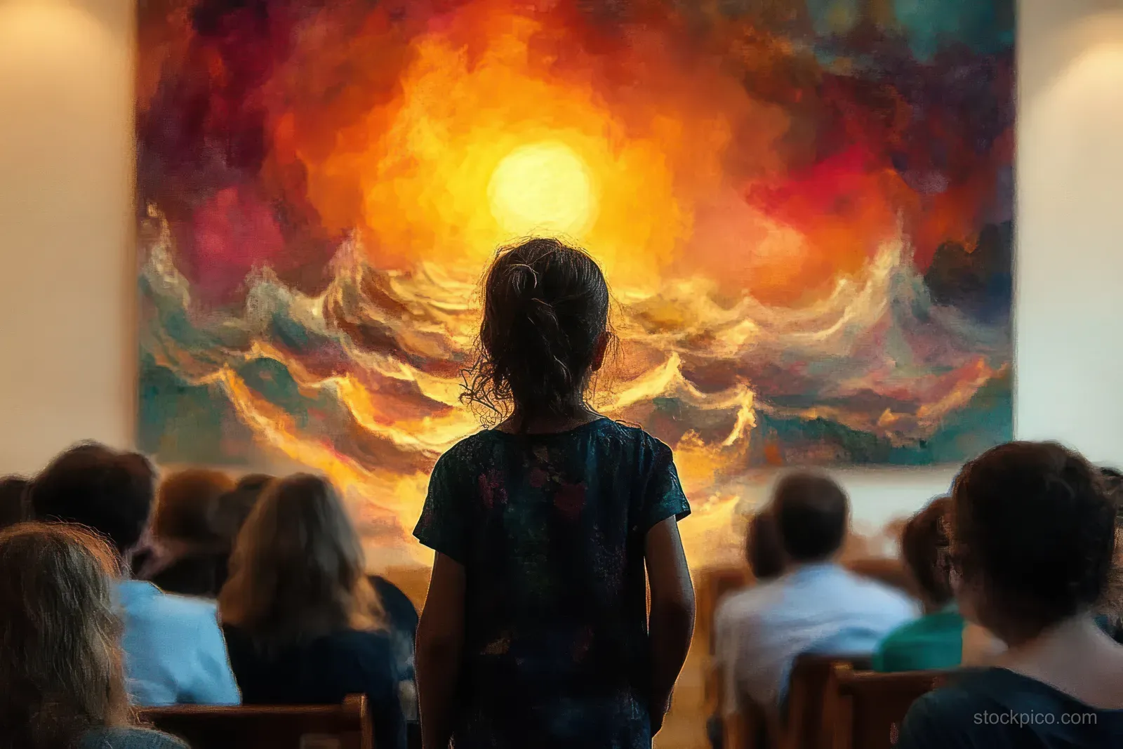 A young girl stands in a crowded art gallery, facing a large painting with a glowing sun above stormy waves.