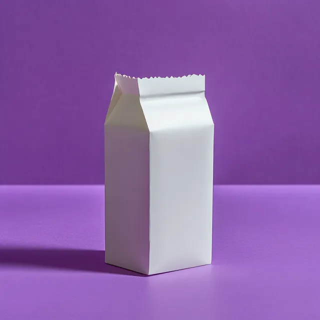 Blank white carton box on purple surface with folded top and soft shadow