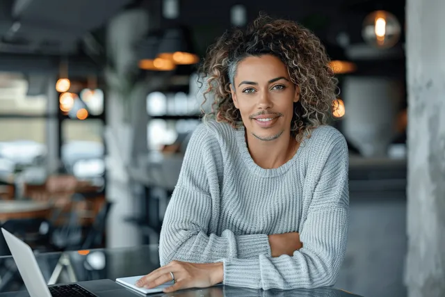 Young woman writes study notes at a home office desk with laptop and tablet while smiling.
