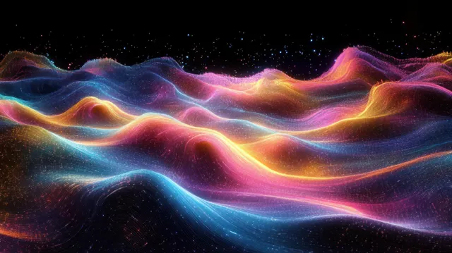 Neon glowing wave ribbons with sparkling particles forming a vibrant abstract digital landscape