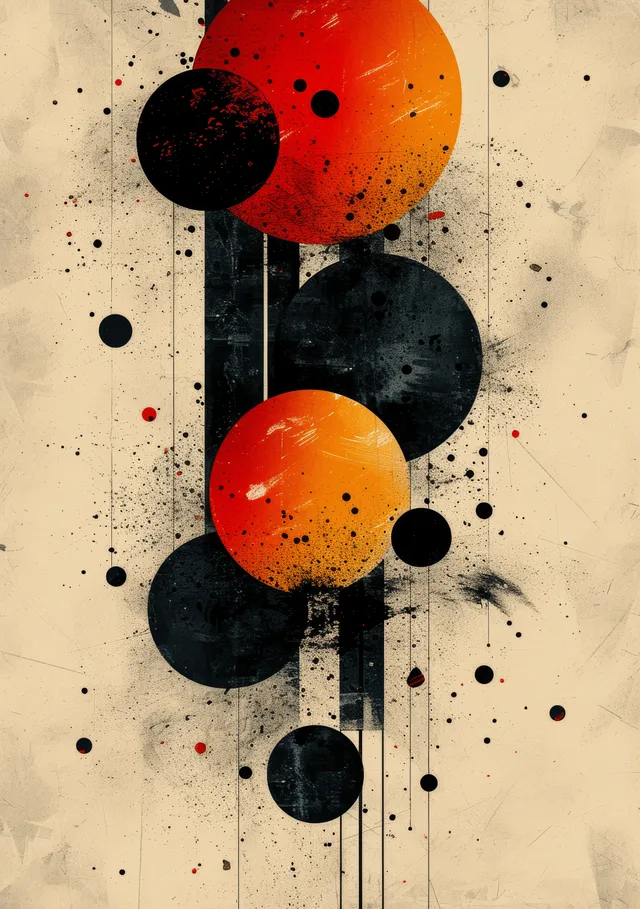 Overlapping black and orange circles with halftone splatter dots on a beige grunge paper background.