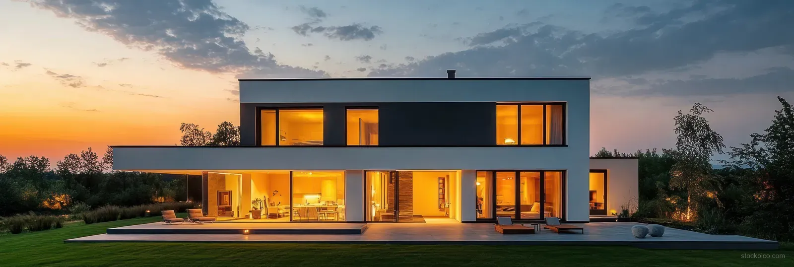 Modern two-story house at twilight with warm indoor lights and illuminated garden along the lawn.