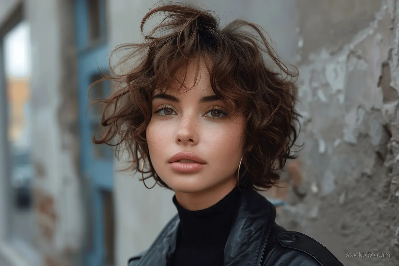 A woman in a black leather jacket poses beside a textured wall with short curly hair and visible volume.