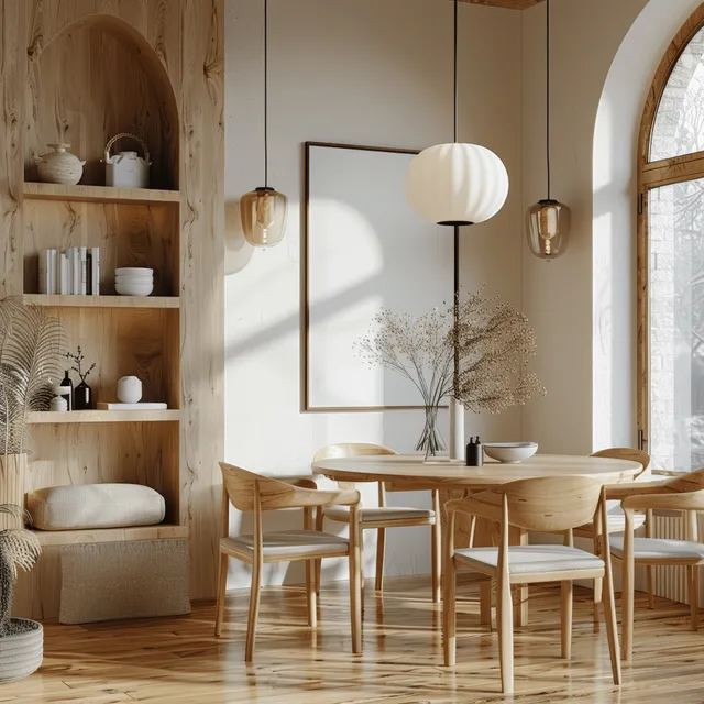 Scandinavian dining room with a round wooden table, pendant lamps, wooden shelves, and a blank poster frame on the wall.