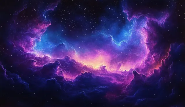 Vibrant purple and blue cosmic nebula glowing with scattered stars in deep space with Ionized Gas