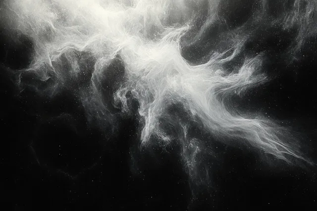 White smoke mist curls and swirls across a dark background, spreading into delicate wisps.