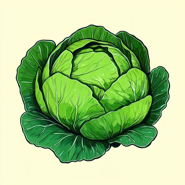 Illustrated green cabbage with layered leaves and visible veins on a light background.