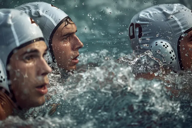 Serbian water polo player throws the ball forward as water splashes across the frame.
