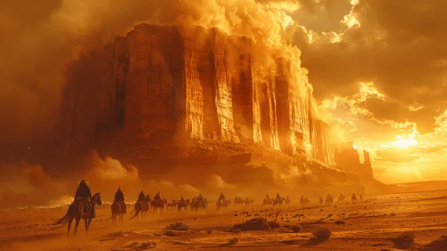 Cowboys on horseback cross a dusty desert with towering rock formations lit by golden sunset clouds.