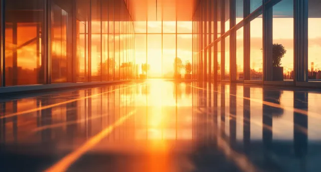 Warm sunset light reflects on the glossy floor of a glass corridor, with skyline silhouettes visible through windows.
