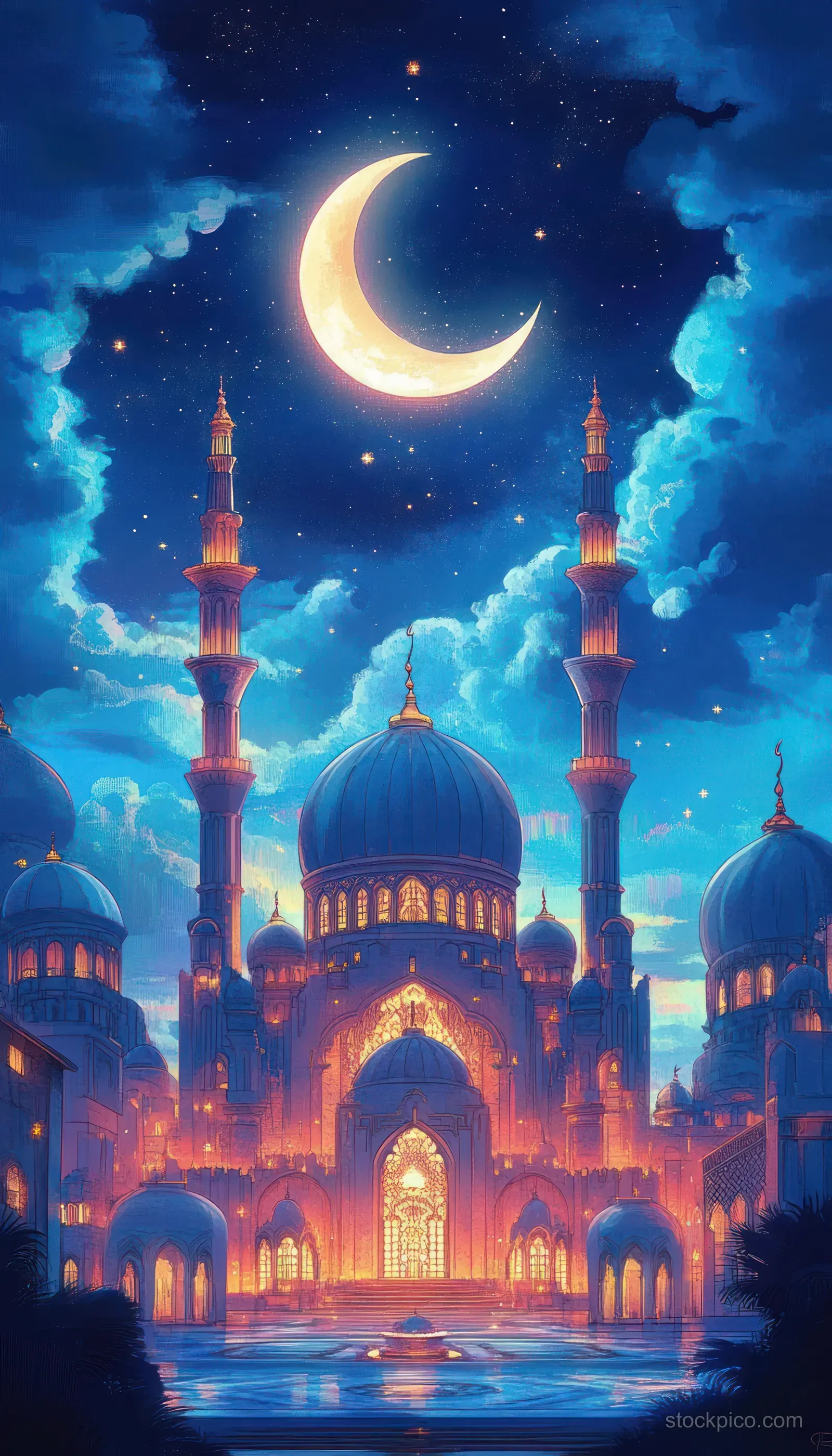 A brightly lit mosque with blue domes and minarets under a glowing crescent moon and starry night sky.