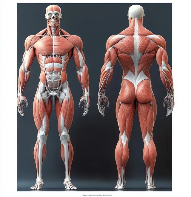 Front and back anatomical illustration of a male figure showing muscles and skeletal bones under rim lighting.