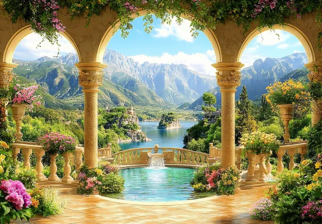 Golden arched gateways reveal a mountain lake with a stone bridge and lush flower-filled garden foreground.
