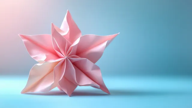 A soft pink folded star sculpture rests on a smooth light blue background with subtle shadows.