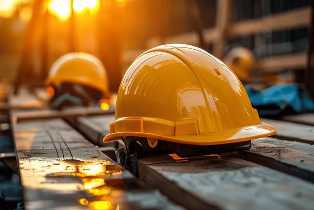 Yellow construction helmet placed on wooden planks at a sunset construction site with warm light behind it.