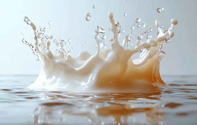 Milk splash forms a crown with ripples in a fresh white pool on clean background
