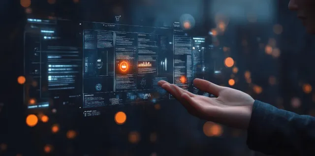 Hand using holographic HR dashboard with employee data analytics in a futuristic office scene