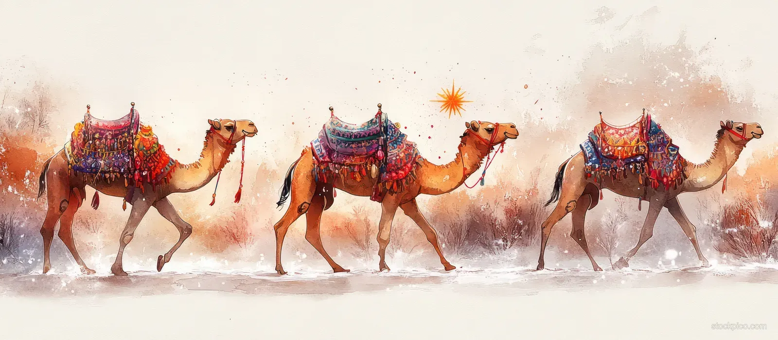 Three camels walk in falling snow under a warm starburst glow in an illustrated winter holiday scene.