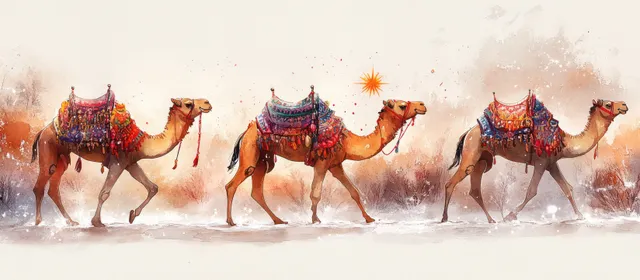 Three camels walk through a snowy winter scene with glowing starburst decoration