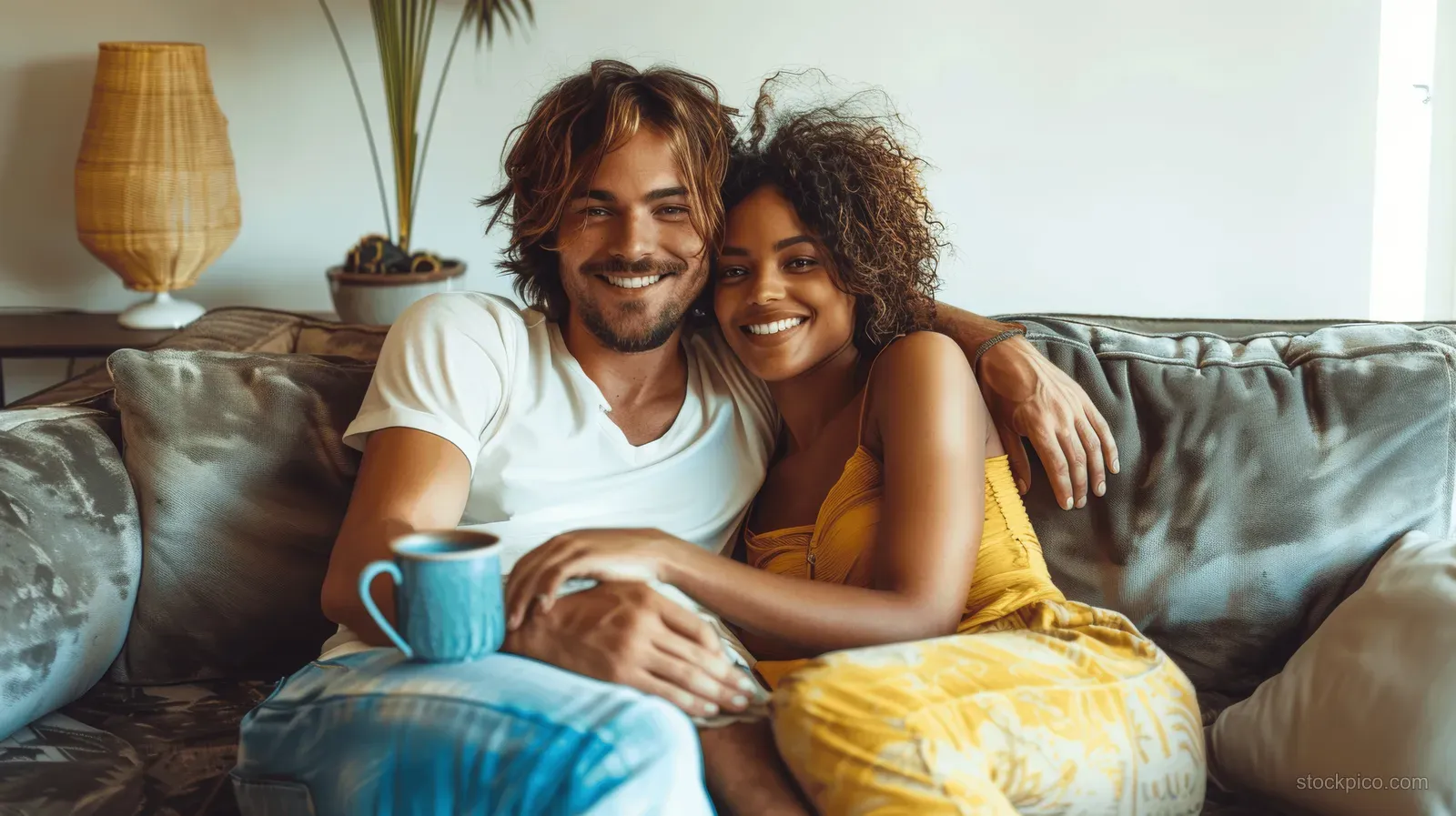 A smiling multiracial couple sits on a sofa sharing coffee in a bright minimalist living room.