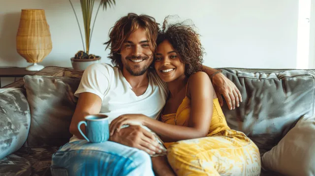 A smiling multiracial couple sits on a sofa sharing coffee in a bright minimalist living room.