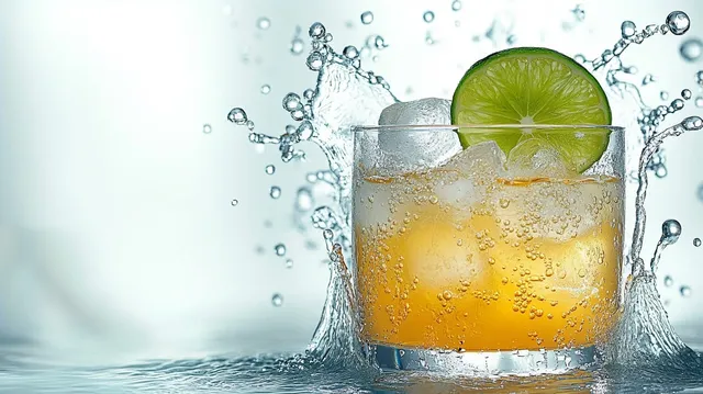 Cold orange drink with ice and lime splashing on bright background