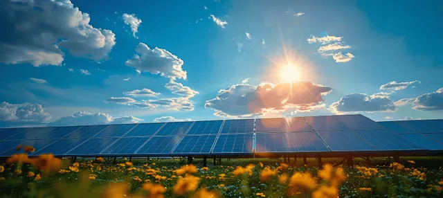 Solar panels in a sunny field powering renewable energy under bright blue sky