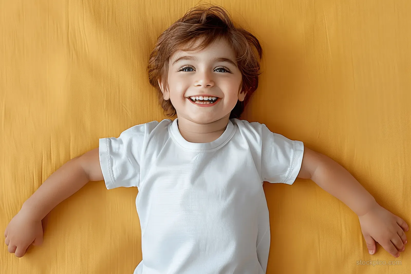 Smiling boy in a white t-shirt with hands on hips posed against a bright yellow studio background.